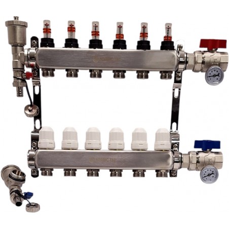 Rostfri golvvärmefördelare 6 kretsar Nordic Tec INOX SE70