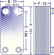 Plattvärmeväxlare med 20 plattor - dimensioner Ba-12-20 3/4 & 1/2