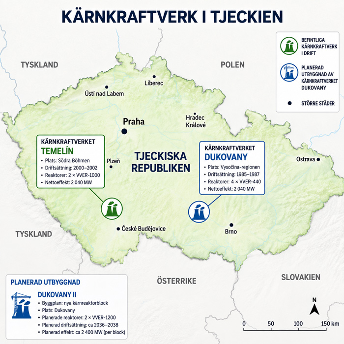 Karta över kärnkraftverk i Tjeckien