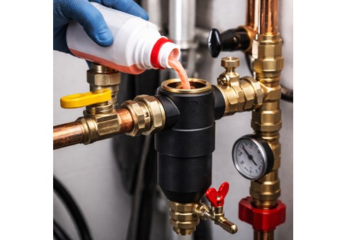 Spolning av värmeinstallationen med kemiskt medel via smutsavskiljare